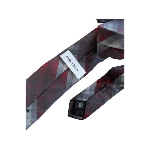 Vintage Calvin Klein Dark Grey and Maroon Skinny 90s Silk Necktie - Picture 3 of 3